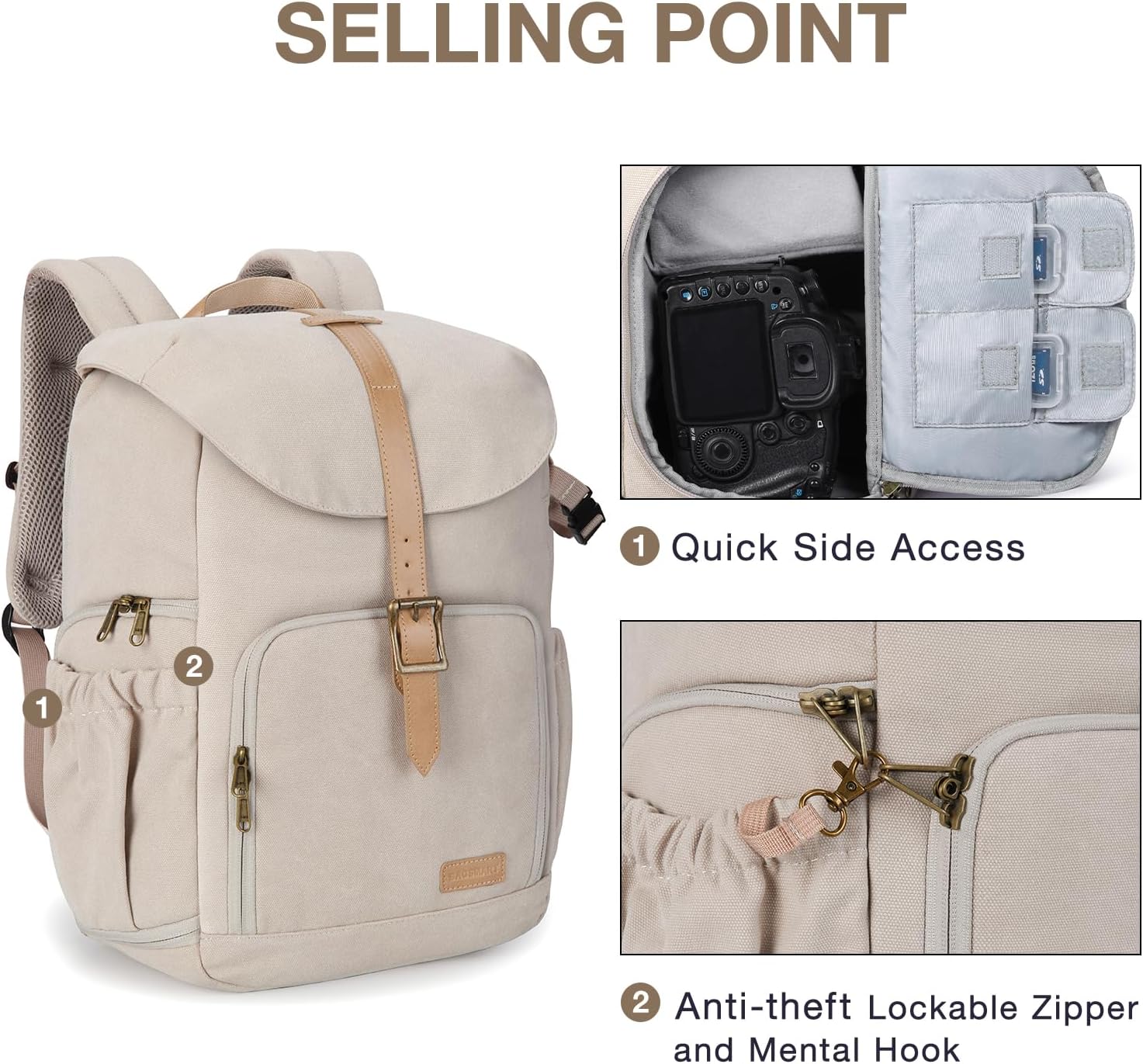 BAGSMART Camera Backpack, DSLR Camera Bag Backpacks for Photographers, Waterproof Anti-Theft Photography Backpack with 15 Inch Laptop Compartment & Tripod Holder, Ivory White - Image 4
